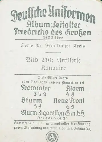 Sammelbild Deutsche Uniformen, Zeitalter Friedrichs des Großen, Serie 35 Bild 210 Artillerie