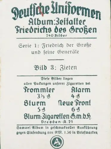 Sammelbild Deutsche Uniformen, Zeitalter Friedrichs des Großen, Serie 1 Bild 3 Zieten