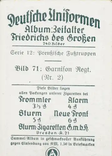 Sammelbild Deutsche Uniformen, Zeitalter Friedrichs des Großen, Serie 12 Bild 71 Garnison Rgt. 2