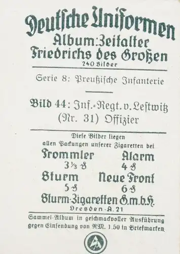 Sammelbild Deutsche Uniformen, Zeitalter Friedrichs des Großen, Serie 8 Bild 44 Offizier