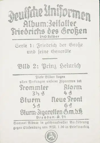 Sammelbild Deutsche Uniformen, Zeitalter Friedrichs des Großen, Serie 1 Bild 2 Prinz Heinrich