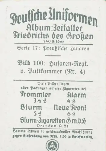 Sammelbild Deutsche Uniformen, Zeitalter Friedrichs des Großen, Serie 17 Bild 100 Husaren Rgt. 4