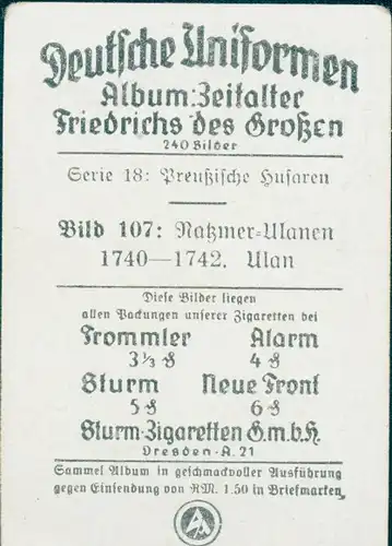 Sammelbild Deutsche Uniformen, Zeitalter Friedrichs des Großen, Serie 18 Bild 107 Ulan