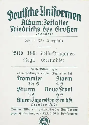 Sammelbild Deutsche Uniformen, Zeitalter Friedrichs des Großen, Serie 32 Bild 189 Grenadier