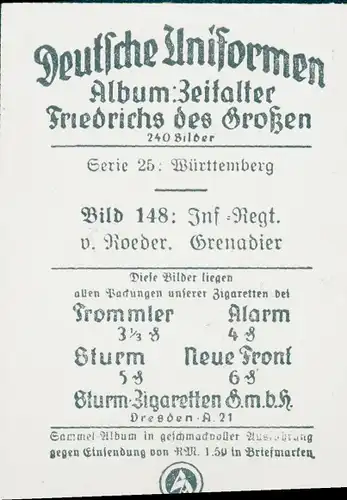 Sammelbild Deutsche Uniformen, Zeitalter Friedrichs des Großen, Serie 25 Bild 148 Grenadier