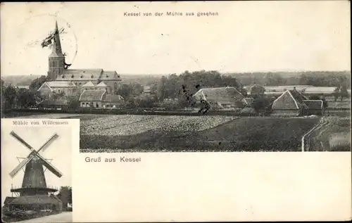 Ak Kessel Goch am Niederrhein, Mühle von Willemsen, Windmühle, Panorama vom Ort