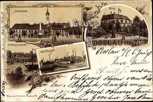 Litho Roßlau an der Elbe Anhalt, Marktplatz, Schlangengrube, Schiffswerft, Burg