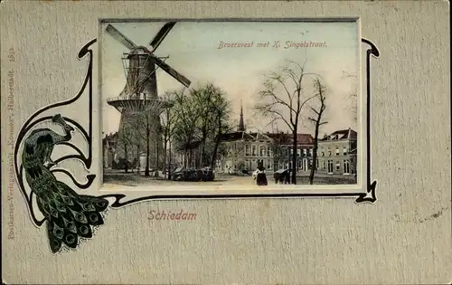 Passepartout Ak Schiedam Südholland Niederlande, Broersvest, X. Singelstraat, Molen, Pfau