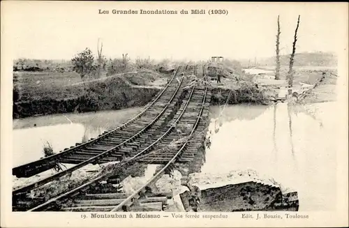 Ak Montauban Tarn et Garonne, Vue ferree suspendue, Grandes Inondations du Midi 1930