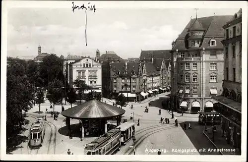 Ak Augsburg in Schwaben, Königsplatz mit Annastraße, Straßenbahnen