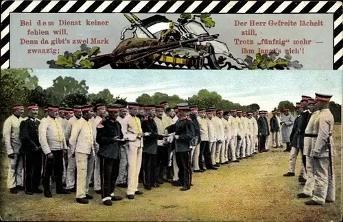 Ak Deutsche Soldaten in Uniformen, Bei dem Dienst keiner fehlen wird...