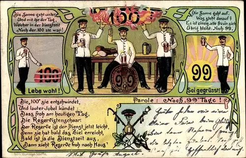 Ak Deutsche Soldaten, Soldatenleben, Parole, Noch 99 Tage, Bier