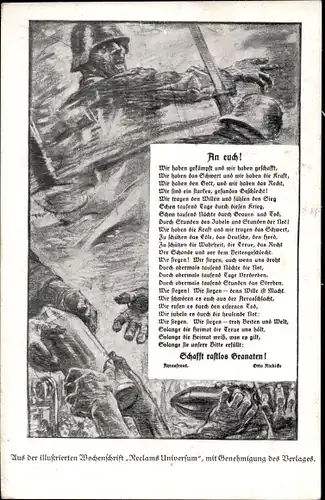 Gedicht Künstler Ak An Euch, Schafft rastlos Granaten, Gedicht Otto Ribicke