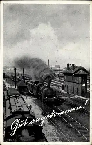 Ak Gut angekommen, Dampflok, Bahnhof