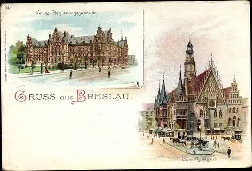 Litho Wrocław Breslau in Schlesien, Rathaus, Neues Regierungsgebäude
