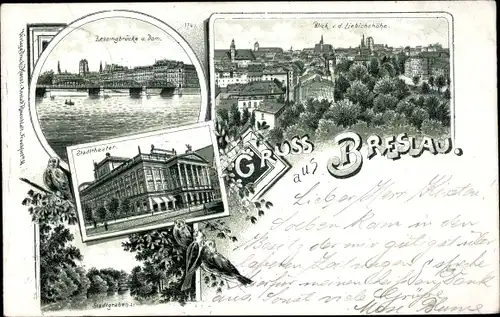 Litho Wrocław Breslau Schlesien, Stadtgraben, Blick v. d. Liebichshöhe, Stadttheater, Lessingbrücke