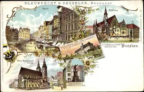 Litho Wrocław Breslau Schlesien, Markt, Rathaus, Universität, Maria Magdalenen Kirche, Blücherdenkm.