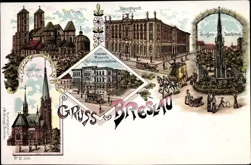 Litho Wrocław Breslau in Schlesien, Dom, Hauptpost, Lutherkirche, Siegesdenkmal, Schlesisches Museum