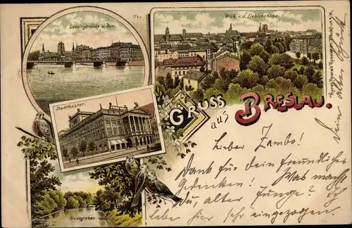 Litho Wrocław Breslau Schlesien, Lessingbrücke, Blick v. d. Liebichshöhe, Stadttheater, Stadtgraben