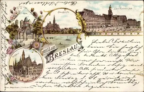 Litho Wrocław Breslau in Schlesien, Kreuzkirche, Dom, Rathaus, Sieben Kurfürsten Seite