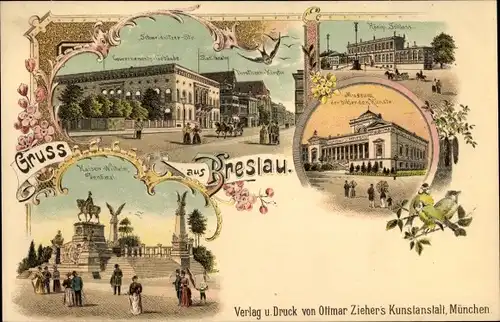 Litho Wrocław Breslau in Schlesien, Schweidnitzer Straße, Regierungsgebäude, Kaiser Wilhelm Denkmal