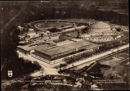 Ak Wrocław Breslau in Schlesien, Ausstellungsgelände mit Jahrhunderthalle, Messehof, Fliegeraufnahme
