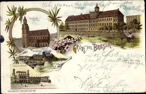 Litho Wrocław Breslau in Schlesien, Elisabeth Kirche, Sandkirche, Oberschl. Bahnhof, Universität