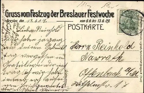 Ak Wrocław Breslau in Schlesien, Festzug der Breslauer Festwoche 1909