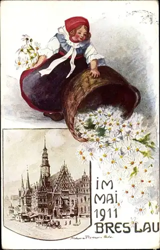 Künstler Litho Fischer, H., Wrocław Breslau in Schlesien, Margeritentag 1911, Rathaus