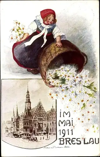 Künstler Litho Fischer, H., Wrocław Breslau in Schlesien, Margeritentag 1911, Rathaus