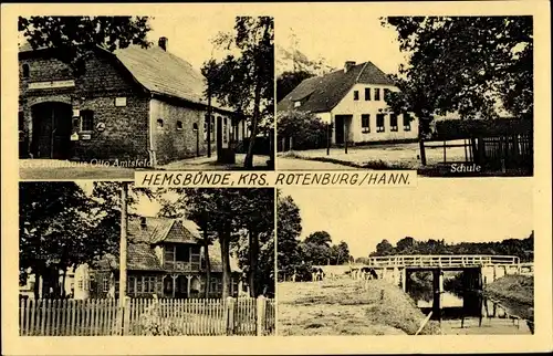 Ak Hemsbünde Niedersachsen, Geschäftshaus Otto Amtsfeld, Schule, Brücke
