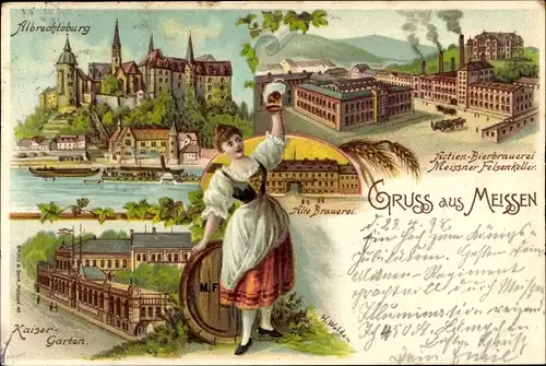 Litho Meißen Sachsen, Albrechtsburg, Kaisergarten, Aktien Bierbrauerei Meißner Felsenkeller