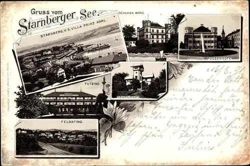 Vorläufer Litho Starnberg in Oberbayern, Schloss Berg, Tutzing, Roseninsel, Possenhofen