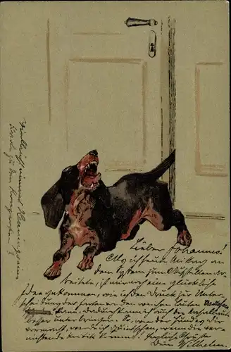 Präge Litho Bellender Dackel an einer Tür, Dachshund