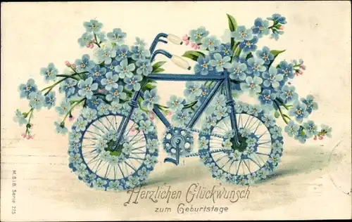 Präge Ak Glückwunsch Geburtstag, Fahrrad, Vergissmeinnicht
