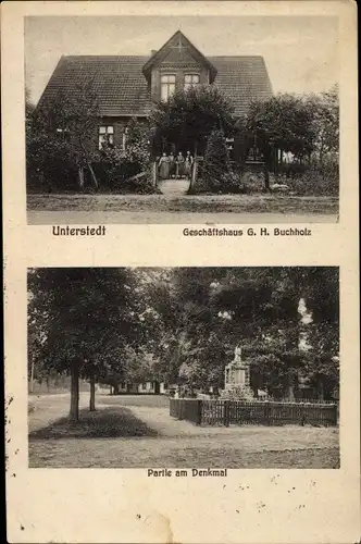 Ak Unterstedt Rotenburg an der Wümme, Geschäftshaus G.H. Buchholz, Partie am Denkmal