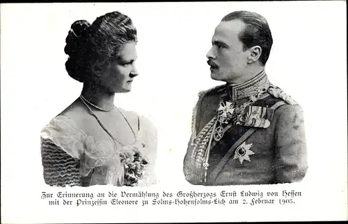 Ak Großherzog Ernst Ludwig von Hessen, Prinzessin Eleonore zu Solms Hohensolms Lich, Hochzeit 1905
