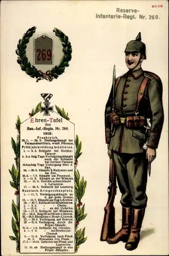 Ak Deutscher Soldat, Reserve Infanterie Regiment 269, Ehrentafel
