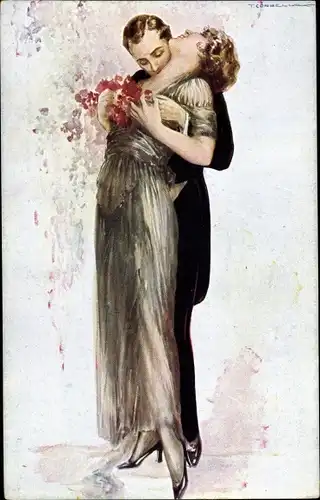 Künstler Ak Corbella, T., Liebespaar, Umarmung, Kuss, Blumen