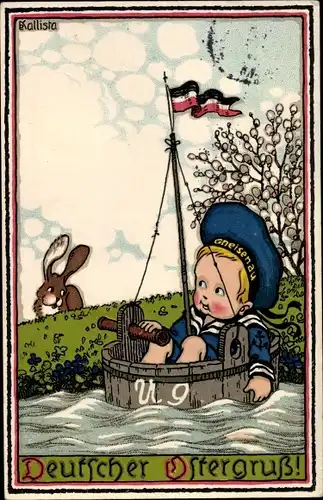Künstler Ak Glückwunsch Ostern, Junge als Marinesoldat in Boot, Osterhase, Weidenkätzchen