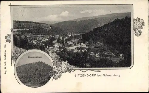 Ak Sitzendorf in Thüringen, Panorama vom Ort, Bismarckturm