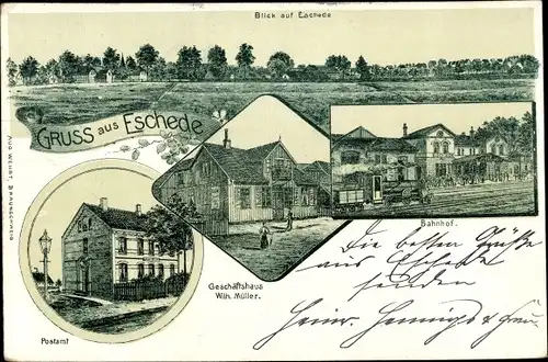 Litho Eschede Niedersachsen, Geschäftshaus Wilh. Müller, Bahnhof, Panorama vom Ort