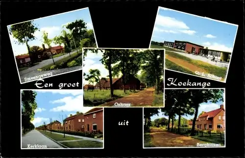 Ak Koekange Drenthe, Smeengeweg, Kerklaan, Berghuizen, Oshaar, O.L. School