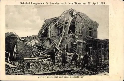 Ak Langemark Poelkapelle Westflandern, Bahnhof 1915, Kriegszerstörungen, I. WK