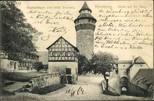 Ak Nürnberg in Mittelfranken, Partie auf der Burg, Vestnerturm und tiefer Brunnen