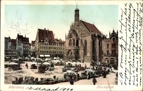 Ak Nürnberg in Mittelfranken, Verkaufsstände auf dem Marktplatz, Kirche, Purger