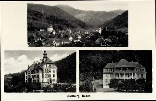 Ak Sulzburg in Baden Schwarzwald, Panorama, Schulhaus, Städt. Krankenhaus
