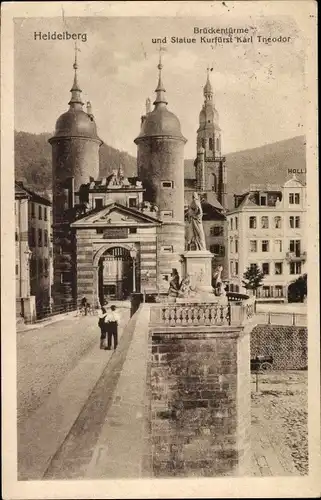 Ak Heidelberg am Neckar, Brückentürme, Statue Kurfürst Karl Theodor, Heiliggeistkirche