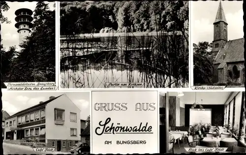 Ak Schönwalde am Bungsberg in Ostholstein, Fernmeldeturm, Partie am Kelksee, Kirche, Cafe Feldt