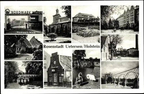 Ak Uetersen Holstein, Nordmark Werk, Kloster, Klosterkirche, Rosarium, Stadtbahnhof, Schule